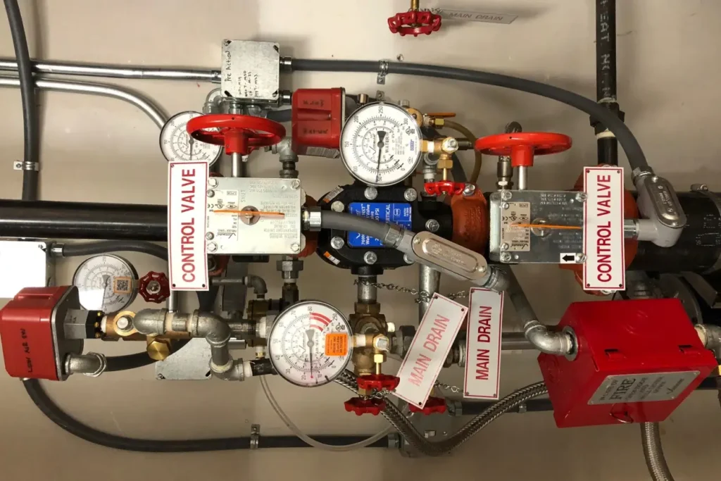 Close-up of a complex network of industrial valves and pipes. Multiple dials and gauges display various readings. Labels such as Control Valve and Main Drain are visible, along with red valve handles and metallic components.