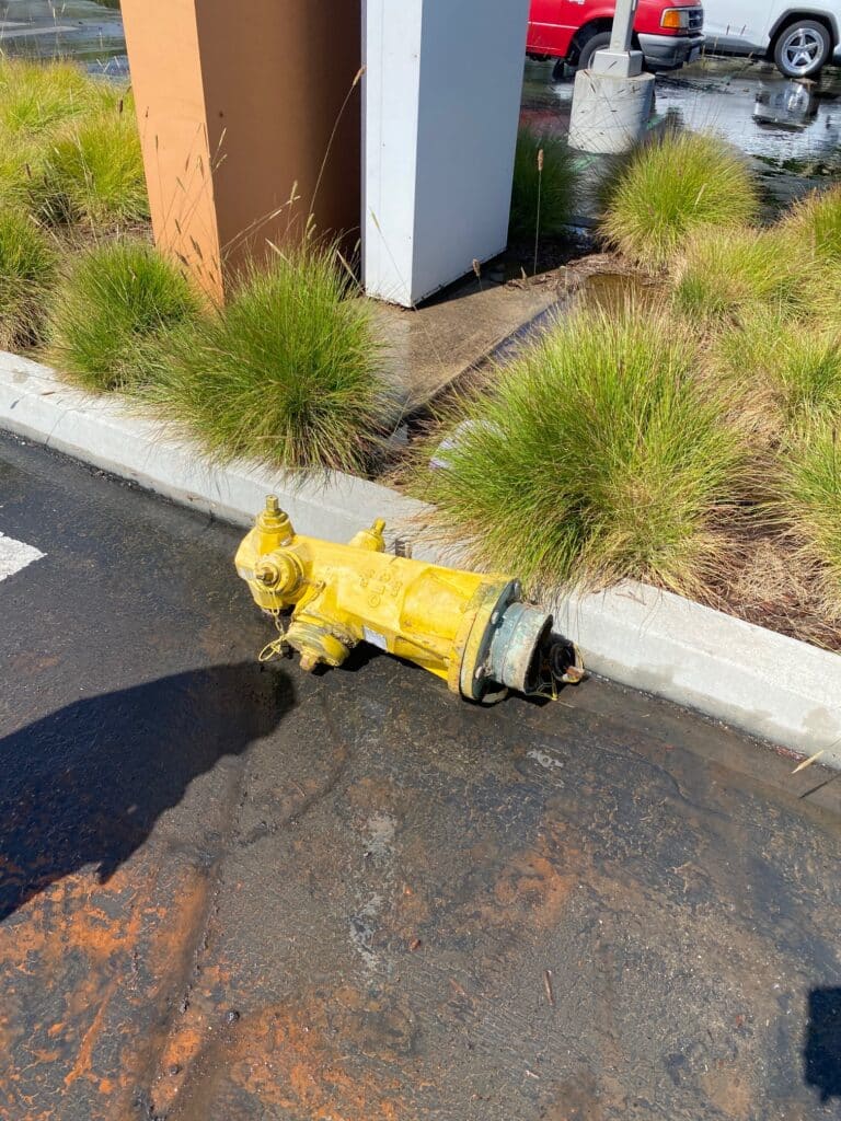 A yellow fire hydrant is lying on its side, detached from the ground beside a curb in a parking lot. Surrounding the area is green grass and some parked cars. The pavement is wet, suggesting recent water flow.