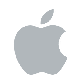 A grayscale apple logo with a stylized bite taken out of the right side and a leaf at the top.